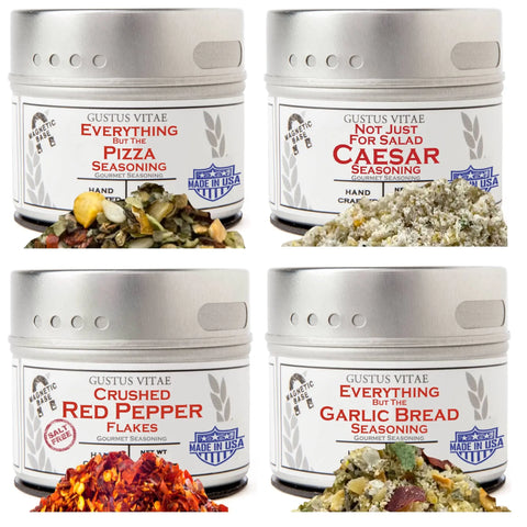 The Gustus Vitae Everything but the Pizza Night Collection includes four non-GMO gourmet seasonings: Everything but the Pizza, Not Just For Salad Caesar, Crushed Red Pepper Flakes, and Garlic Bread.