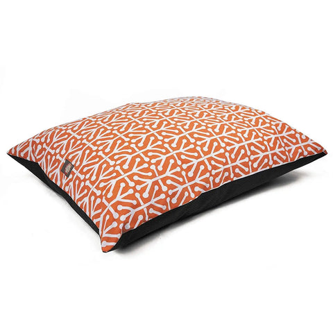 The Majestic Pet Aruba Super Value Dog Bed is a rectangular dog bed with a machine washable orange poly-cotton cover, white abstract bone pattern, and solid black base.