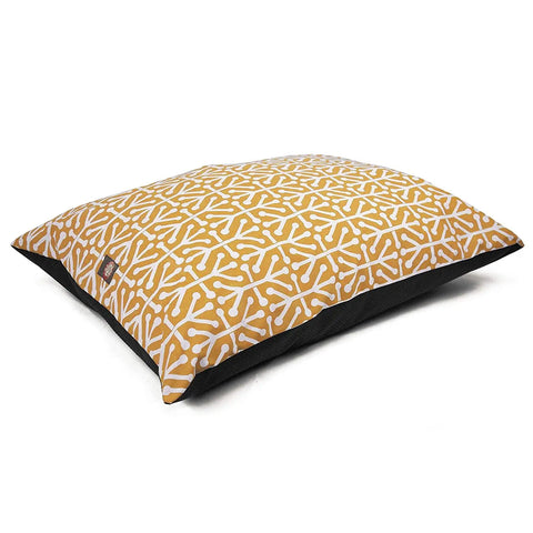 The Majestic Pet Aruba Super Value Dog Bed is rectangular with a yellow and white geometric top, black base, and durable poly-cotton cover. Machine washable for easy cleaning, shown against a plain white background.
