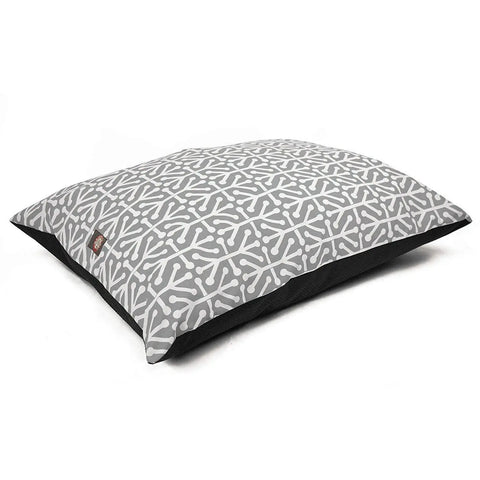 The Majestic Pet Aruba Super Value Dog Bed is rectangular with a gray poly-cotton cover, white bone pattern, solid black bottom, and sits on a white background. Machine washable for easy cleaning.