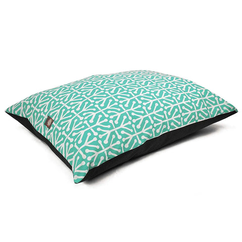 The Majestic Pet Aruba Super Value Dog Bed is rectangular with a teal poly-cotton cover, white bone pattern, black bottom, and is machine washable. Shown on a white background.