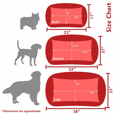 Majestic Pet’s Aruba Contemporary Lounge Bed size chart shows small (23x17), medium (27x21), and large (38x33) options. Silhouettes help you match the perfect bed size for your dog.