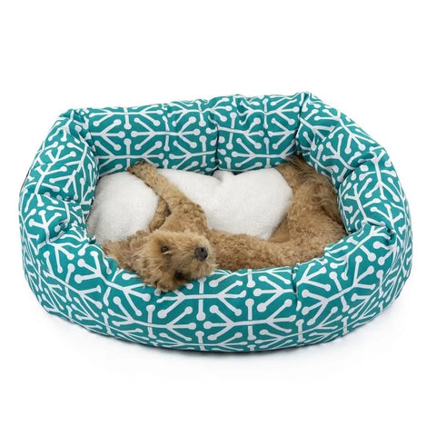 A small, curly-haired brown dog relaxes on its back in the Majestic Pet Aruba Sherpa Bagel Dog Bed, featuring teal fabric with white geometric patterns and plush orthopedic support for comfort.
