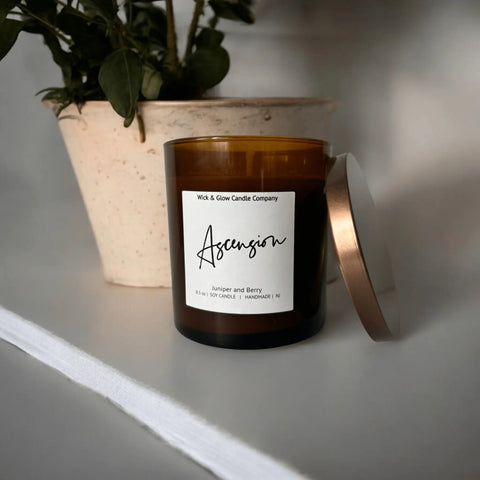 Ascension 8.5 oz Soy Wax Candle – Juniper Berry & Pine Scent | Hand-Poured Luxury Candle Made in USA Wick and Glow Candle Company™  Candles
