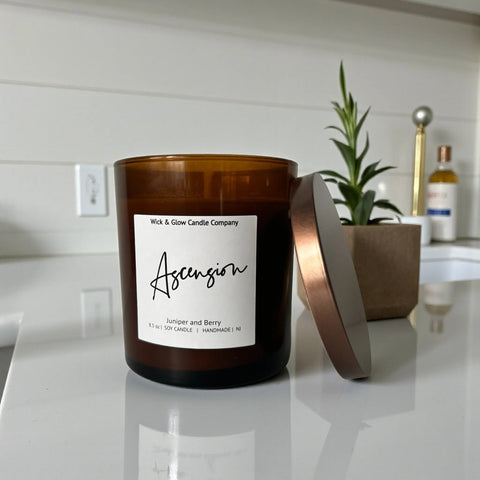 Ascension 8.5 oz Soy Wax Candle – Juniper Berry & Pine Scent | Hand-Poured Luxury Candle Made in USA Wick and Glow Candle Company™  Candles