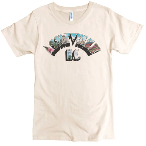 The Asheville Art Deco Arch Graphic Tee (M) by Spiritex | Sustainable Apparel is a beige organic cotton crewneck featuring “Asheville N.C.” in vintage letters filled with scenic images, offering a unique men’s basic with local flair.