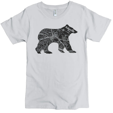 The Asheville Bear Map Graphic Tee by Spiritex | Sustainable Apparel features a black bear map graphic and white Asheville text on light gray, made from 100% organic cotton for comfort and sustainability.
