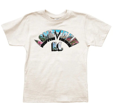 The Asheville Art Deco Arch Graphic Tee (Y) by Spiritex | Sustainable Apparel is a beige organic cotton kids tee featuring “Asheville N.C.” in colorful, curved letters for a playful tribute to the city.
