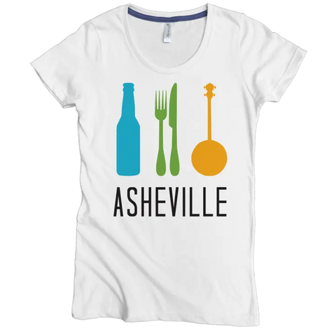 Asheville Organic Cotton Graphic Tee – Beer Food Banjo Design | Made in USA Spiritex | Sustainable Apparel  Women's Graphic Tees