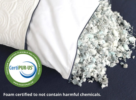 The Aslan Adjustable Pillow by Aslan Mattress is shown with its cover open, revealing shredded memory foam filling. A CertiPUR-US badge highlights that the pillow’s foam is certified free of harmful chemicals.