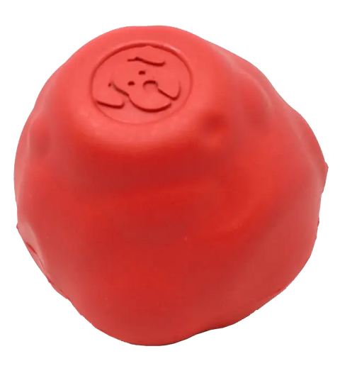 The SodaPup Asteroid Ultra Durable Rubber Chew Toy is a tough red toy with a wavy surface and an embossed cartoon dog face, perfect for power chewers.
