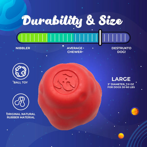 The SodaPup Asteroid Ultra Durable Rubber Chew Toy, shown in red with a dog face imprint against a space-themed background, is made from natural rubber, sized for 30-60 lb power chewers, and built for superior durability.
