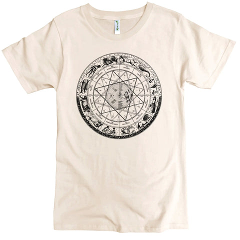 The Astromythology Graphic Tee by Spiritex | Sustainable Apparel is an off-white mens organic cotton crewneck with a bold black circular zodiac graphic—astrological symbols and animals encircle a star, perfect for sensitive skin.