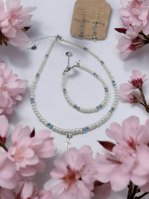 Austrian Crystal Birthstone and Freshwater Pearl Jewelry Set – Necklace Bracelet Earrings – First Communion Gift | Made in USA Michelle Marie Boutique  Jewelry Set