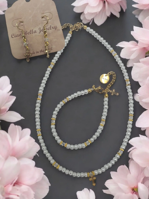 Austrian Crystal Birthstone and Freshwater Pearl Jewelry Set – Necklace Bracelet Earrings – First Communion Gift | Made in USA Michelle Marie Boutique  Jewelry Set