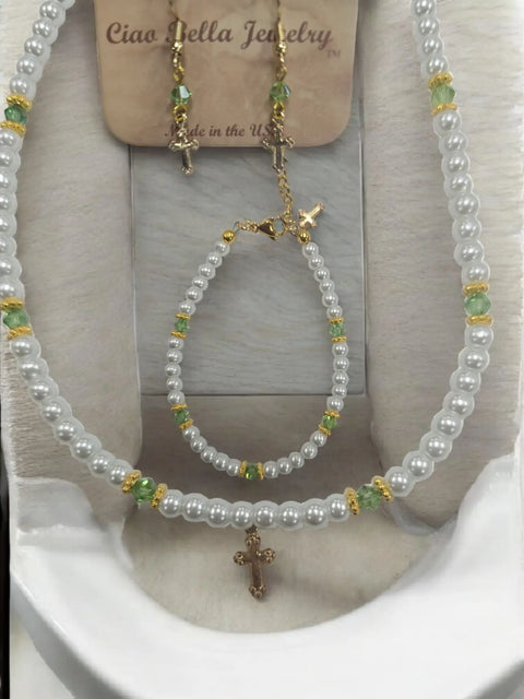 Austrian Crystal Birthstone and Freshwater Pearl Jewelry Set – Necklace Bracelet Earrings – First Communion Gift | Made in USA Michelle Marie Boutique  Jewelry Set