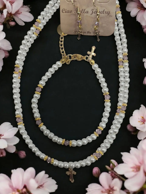 Austrian Crystal Birthstone and Freshwater Pearl Jewelry Set – Necklace Bracelet Earrings – First Communion Gift | Made in USA Michelle Marie Boutique  Jewelry Set
