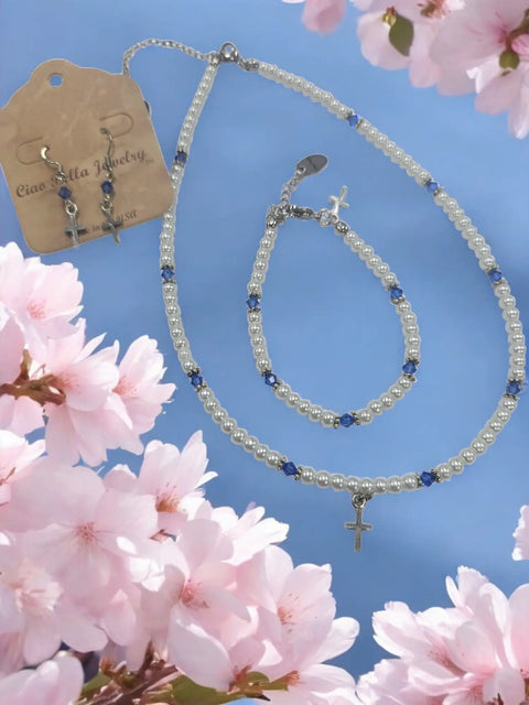 Austrian Crystal Birthstone and Freshwater Pearl Jewelry Set – Necklace Bracelet Earrings – First Communion Gift | Made in USA Michelle Marie Boutique  Jewelry Set