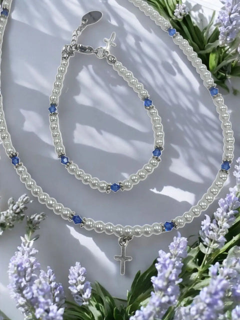 Austrian Crystal Birthstone and Freshwater Pearl Jewelry Set – Necklace Bracelet Earrings – First Communion Gift | Made in USA Michelle Marie Boutique  Jewelry Set