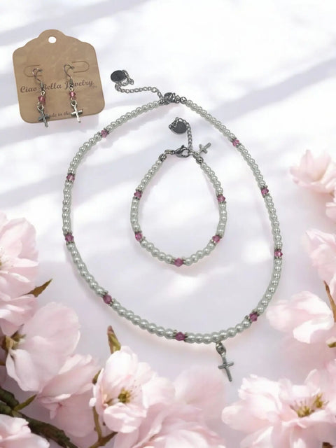 Austrian Crystal Birthstone and Freshwater Pearl Jewelry Set – Necklace Bracelet Earrings – First Communion Gift | Made in USA Michelle Marie Boutique  Jewelry Set