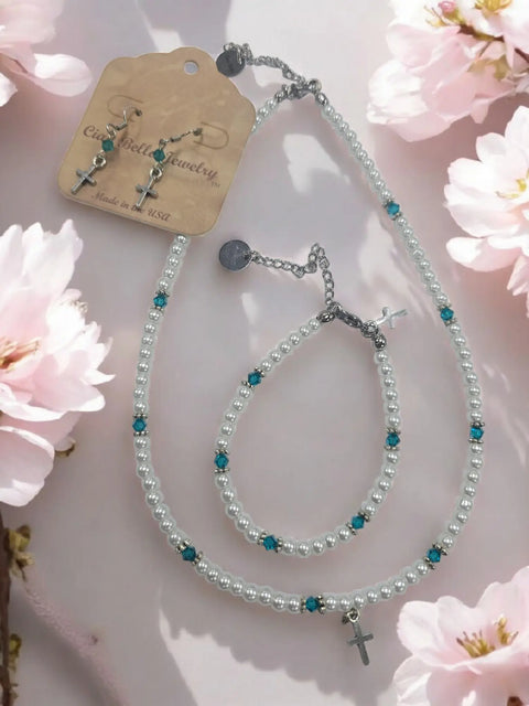 Austrian Crystal Birthstone and Freshwater Pearl Jewelry Set – Necklace Bracelet Earrings – First Communion Gift | Made in USA Michelle Marie Boutique  Jewelry Set