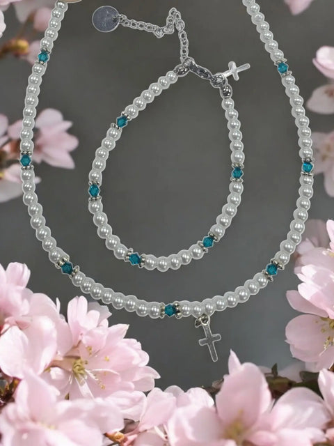Austrian Crystal Birthstone and Freshwater Pearl Jewelry Set – Necklace Bracelet Earrings – First Communion Gift | Made in USA Michelle Marie Boutique  Jewelry Set