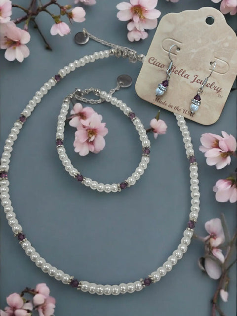 Austrian Crystal Birthstone and Pearl Set Necklace/Bracelet/Earring Michelle Marie Boutique  Jewelry Set
