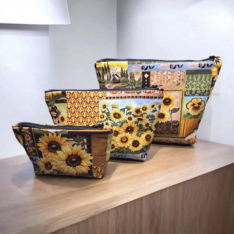 Autumn Sunflower Cosmetic Bag Set – Small, Medium, Large Makeup Pouches | Handmade Cotton | Made in USA Frances Farm & Craft  Cosmetic bags