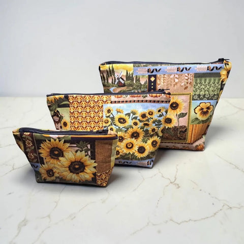 Autumn Sunflower Cosmetic Bag Set – Small, Medium, Large Makeup Pouches | Handmade Cotton | Made in USA Frances Farm & Craft  Cosmetic bags