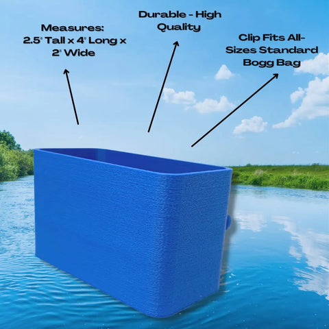 The image shows a blue rectangular BOGLETS organizer charm by Chatelet Manufacturing, clipped to a tote bag by the river. Its highlighted features are durability, handy storage for keys or items, and full compatibility with standard Bogg Bags.