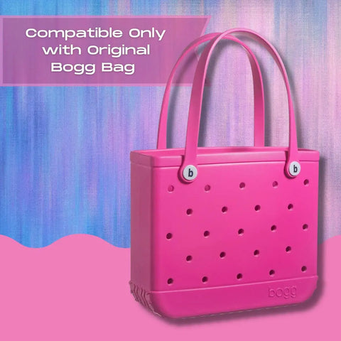 A pink Bogg Bag by Chatelet Manufacturing is shown with two handles on a blue and pink background. The text highlights BOGLETS—an organizer charm accessory for Bogg Bags—ideal for keeping keys or personal items handy in your tote bag.