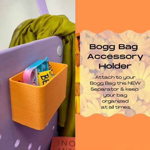 A BOGLETS Organizer Charm Accessory by Chatelet Manufacturing is attached to a purple bag with a green scarf, holding sunglasses, a yellow item, and a blue keychain—perfect for keeping keys or essentials handy with your Bogg Bag.
