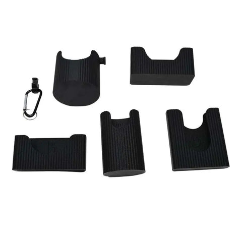 Five black BAGLETS from Chatelet Manufacturing’s Premium Collection bundle—phone case, key & wallet holders, carabiner key holder, bottle holder, and sunglasses holder—are displayed on white, perfect for Bogg bags or tote organization.