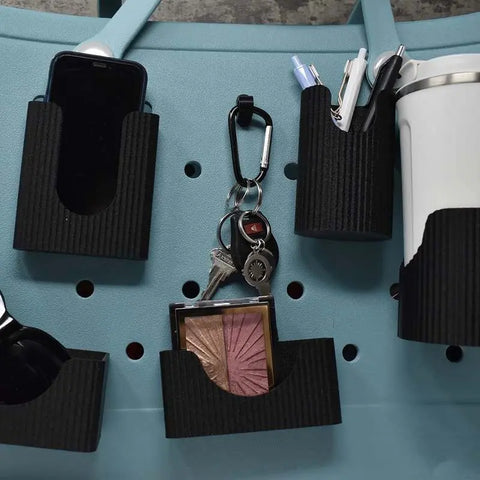 The BAGLETS Premium Ultimate Bundle by Chatelet Manufacturing is the perfect Bogg Bag accessory, featuring a phone case holder, wallet/key holder, carabiner, bottle holder, and sunglasses holder—all in sleek black for organized tote storage.