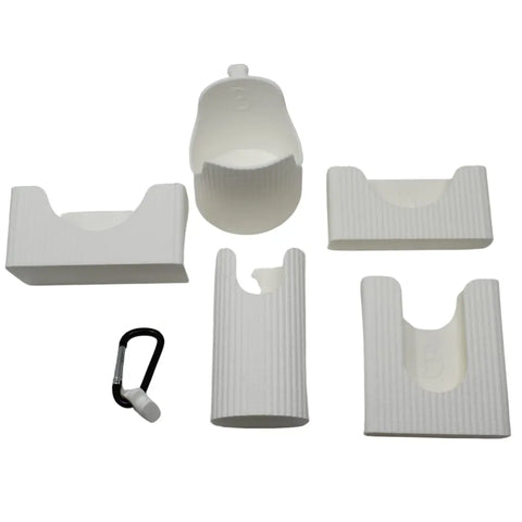 The Chatelet Manufacturing BAGLETS Premium Collection Ultimate Bundle in white features a phone case holder, key & wallet holder, carabiner key holder, bottle holder accessory, and sunglasses holder for Bogg bags & totes—all shown on a white background.