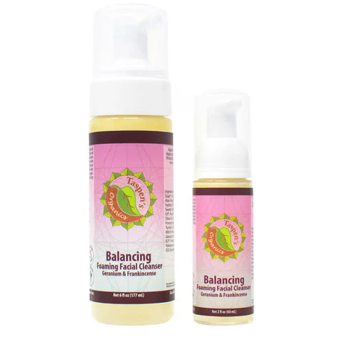 Two bottles of Taspens Organics Balancing Rose Geranium Foaming Facial Cleanser—one 6 oz and one 2 oz—both with pink labels and white foaming pumps. This organic cleanser is gentle enough for daily use.