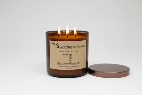 Bamboo & Green Tea-Soy 3-Wick Blown Glass Collection MorninWood Candles  3 Wick Candle