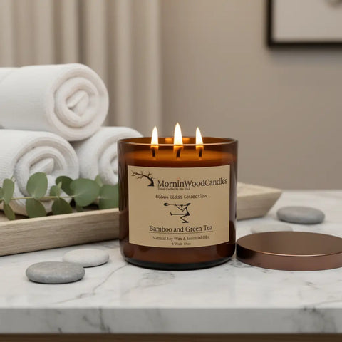 Bamboo Green Tea Soy Wax 3-Wick Candle – 17 Oz Blown Glass Jar | Long Burn Fragrance | Made in USA MorninWood Candles  3 Wick Candle