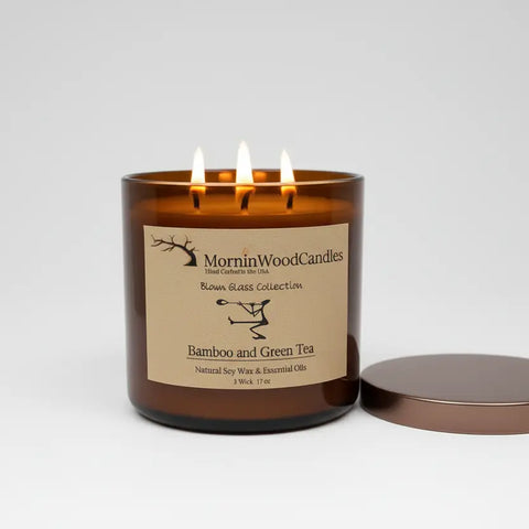 Bamboo Green Tea Soy Wax 3-Wick Candle – 17 Oz Blown Glass Jar | Long Burn Fragrance | Made in USA MorninWood Candles  3 Wick Candle