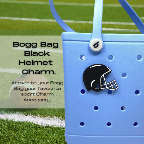 A light blue tote with a black football helmet charm sits on a field. Text reads: BOGLETS - Sport Charms by Chatelet Manufacturing. Personalize your rubber beach bags and totes with unique sport accessories from BOGLETS!.