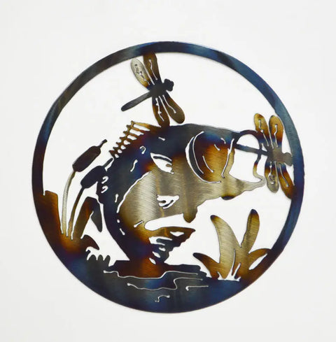 Bass and Dragonflies Metal Wall Art – Rustic Circle Nature Decor | Made in USA Knights Home Decor  item