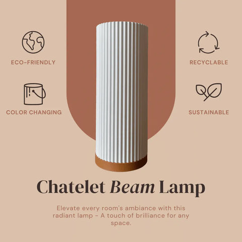Chatelet Manufacturing Beam Lamp—premium ambience lighting with a tall, ribbed white cylinder and gold base; eco-friendly, recyclable, color-changing, and sustainable. Perfect for bedrooms, living rooms & more.