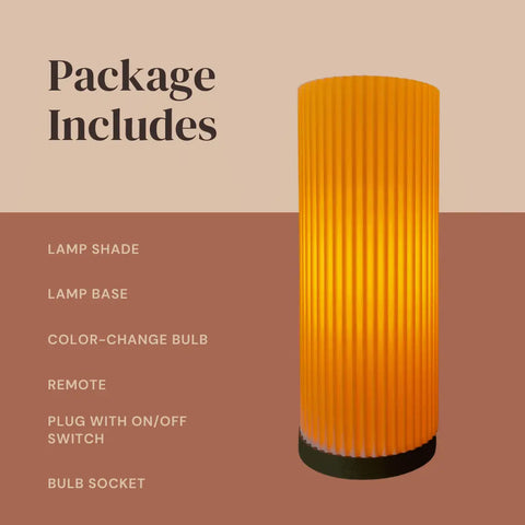 On the right is a glowing cylindrical Beam Lamp by Chatelet Manufacturing. On the left, contents are listed: shade, base, color-change bulb, remote, plug with switch & socket—perfect ambience lighting for bedrooms, living rooms & more.