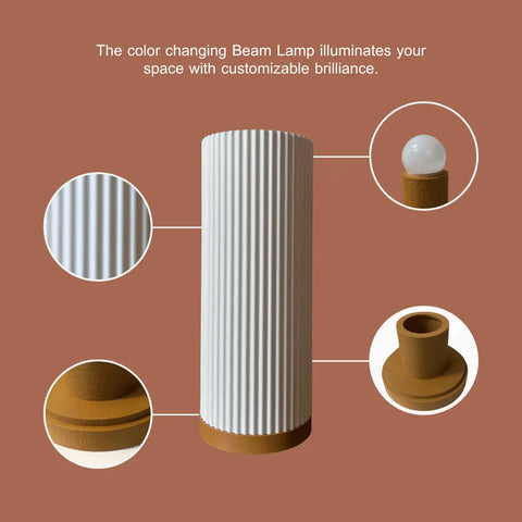 The Chatelet Manufacturing Beam Lamp from the Premium Collection is featured on a brown background with circular insets showing its base, socket, and bulb—ideal ambience lighting for bedrooms or living rooms. Customizable brilliance noted above.