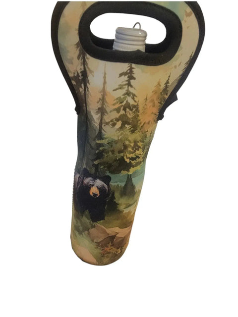 Bear In The Woods Wine Tote – Durable Single Bottle Carrier With Forest Design | Made In USA By Michelle Marie Boutique Michelle Marie Boutique  Wine Carrier Bags