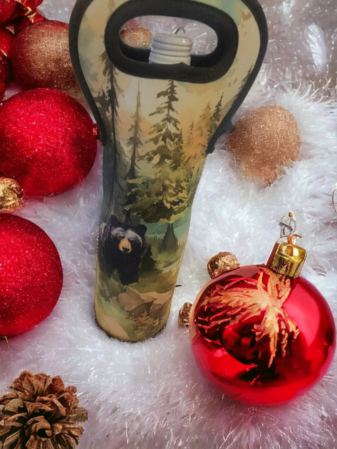 Bear In The Woods Wine Tote – Durable Single Bottle Carrier With Forest Design | Made In USA By Michelle Marie Boutique Michelle Marie Boutique  Wine Carrier Bags