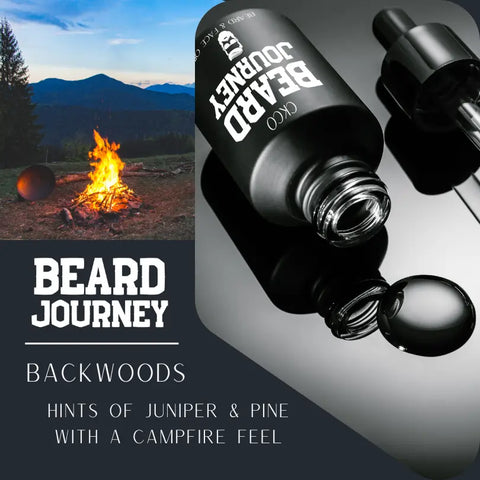 A bottle of Cheryl Kelly & Co. Beard Journey Beard & Face Oil rests on a reflective surface, with a campfire photo alluding to its nourishing formula and rugged scents of juniper, pine, and smoke—perfect for mens grooming.