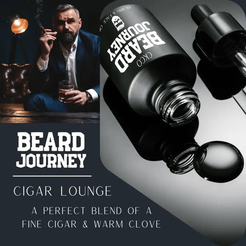 A well-dressed man with a beard relaxes in a lounge, holding a cigar and drink. Cheryl Kelly & Co. Beard Journey Beard & Face Oil sits nearby on a reflective surface. Text: Cigar Lounge—Elevate grooming with hints of fine cigar and warm clove.