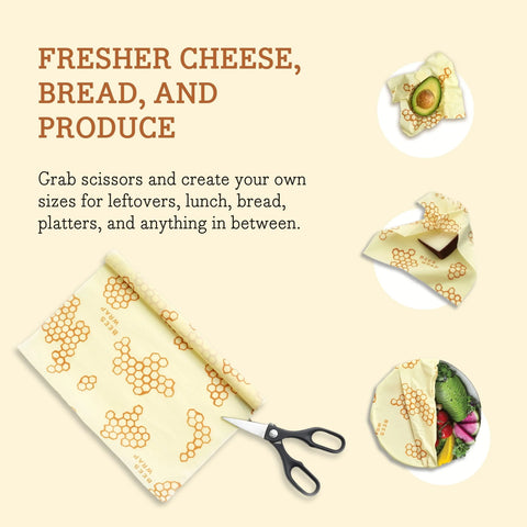 Bees Wrap Roll, a reusable beeswax food wrap with a honeycomb pattern, is a perfect alternative to plastic wrap. Images show it covering an avocado, sandwich, and fresh produce to help keep your food fresher longer.