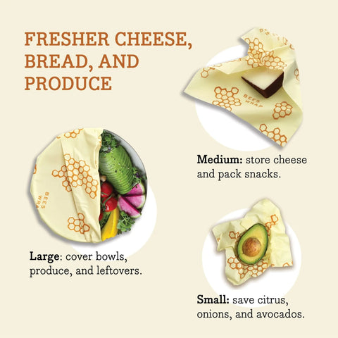 Image showing ways to use Bee’s Wrap Assorted 3 Pack: a large wrap covers a bowl of vegetables, a medium stores cheese, and a small holds half an avocado—perfect for keeping food fresh and storing snacks without plastic.